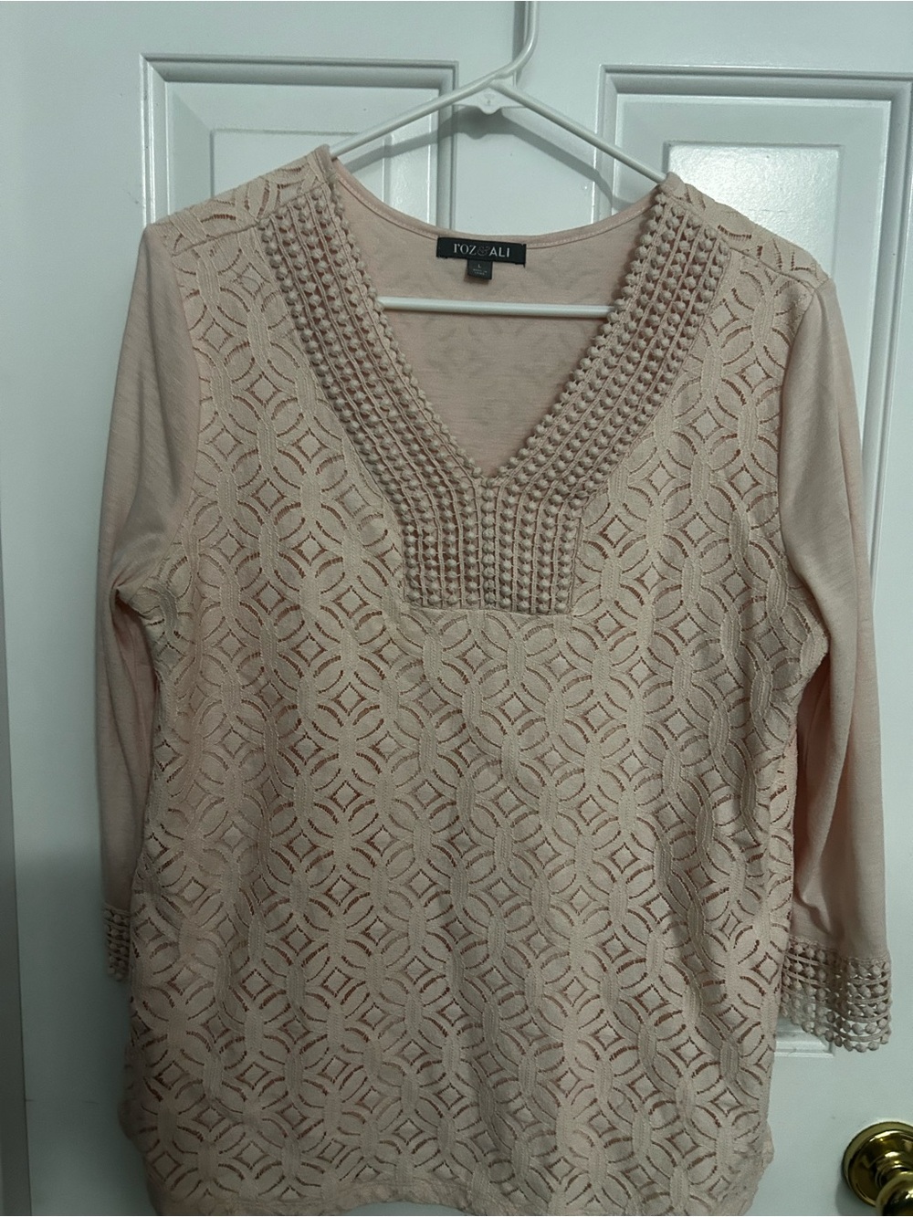 Roz & Ali Blush Pink Crochet V-Neck Tunic